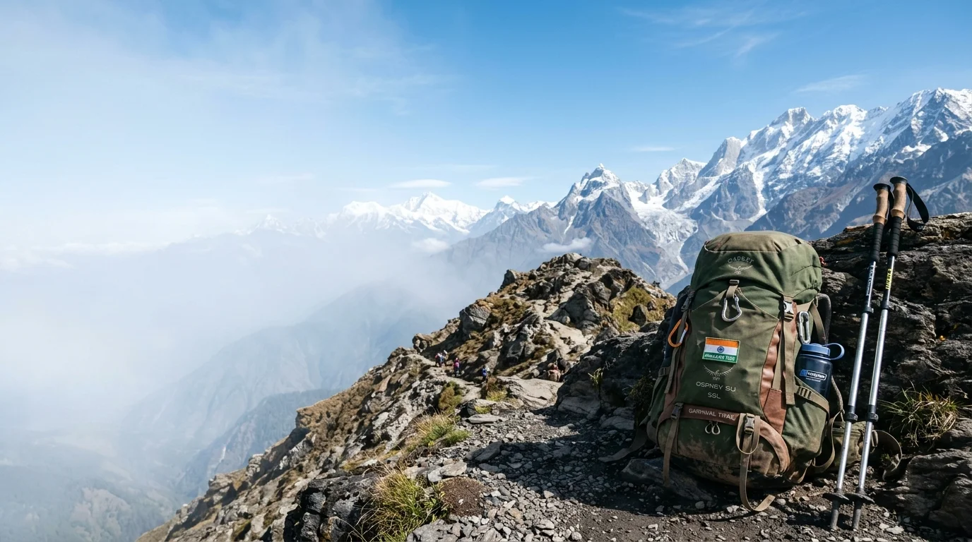 Field-ready Himalayan expedition backpack and trekking poles resting on a Garhwal alpine ridge — Yeti Adventure
