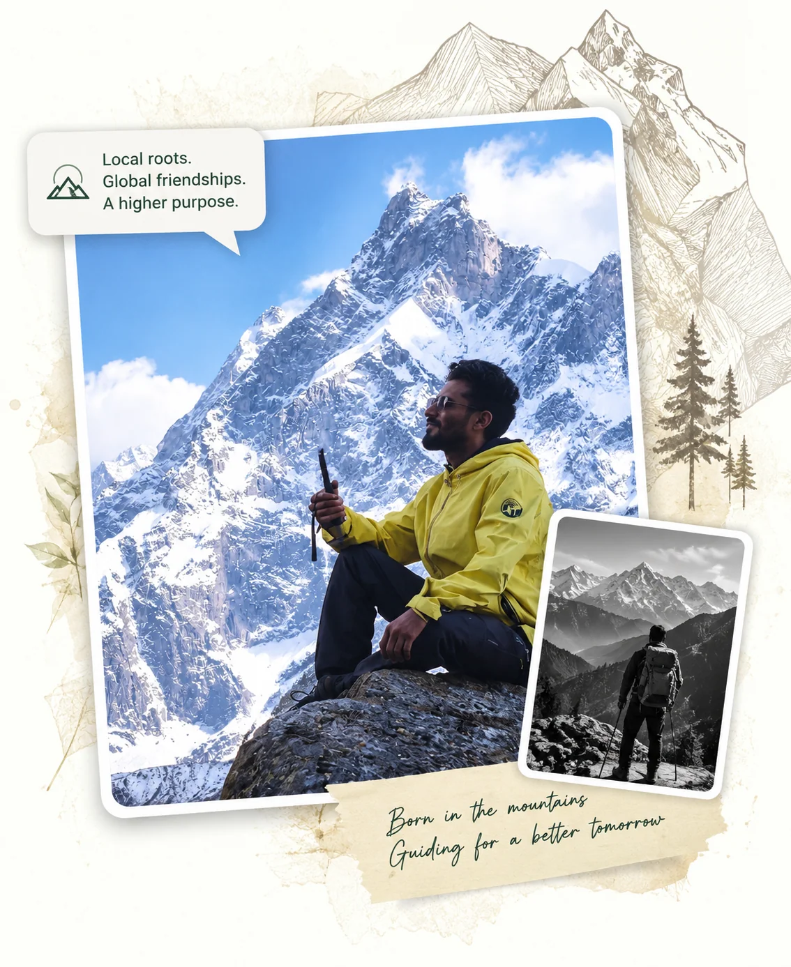 Heritage collage of Chatar Singh Rawat trekking in Garhwal, with an archival mountain photograph.