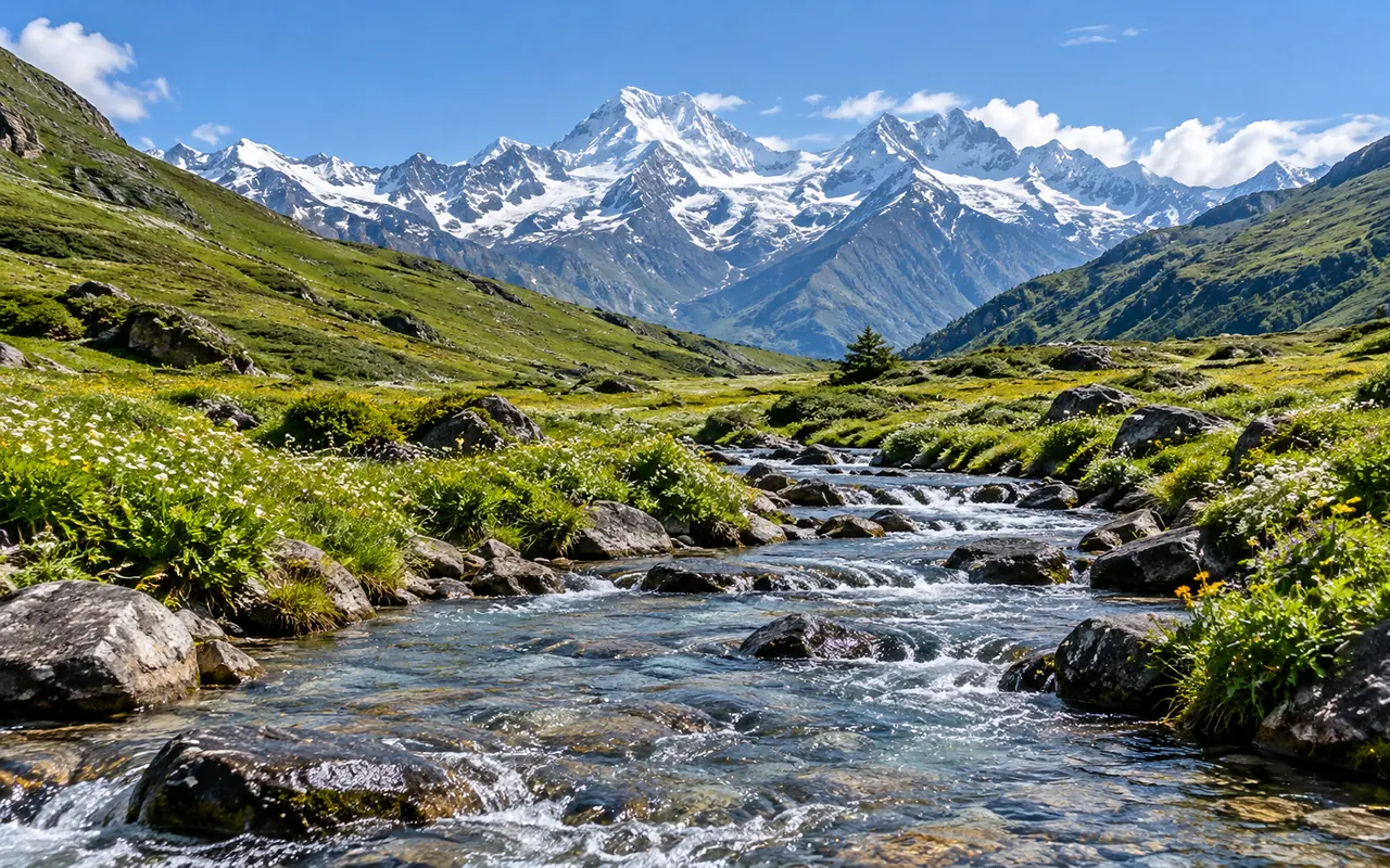 An alpine stream winding through a wildflower meadow beneath snow-covered Garhwal Himalayan peaks