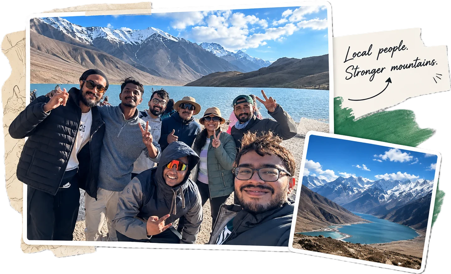 Yeti Adventure local team and trekkers gathered at an alpine lake with snow peaks in Uttarakhand
