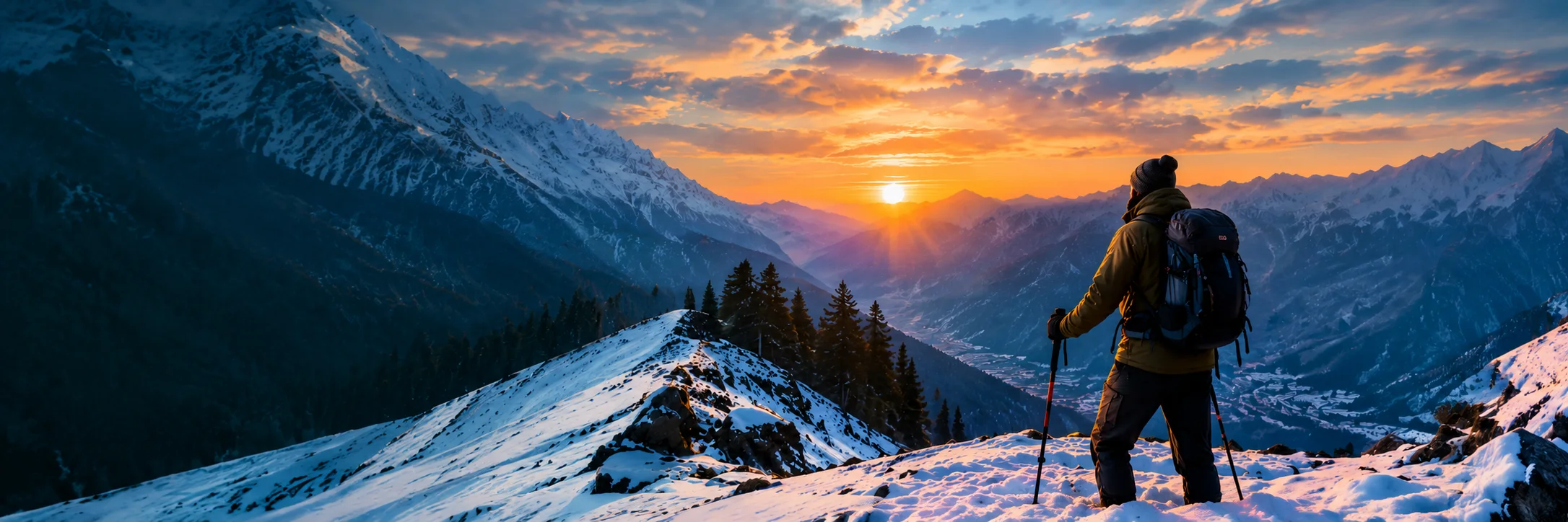 Hiker standing on snowy summit ridge looking at Himalayan golden hour sunset