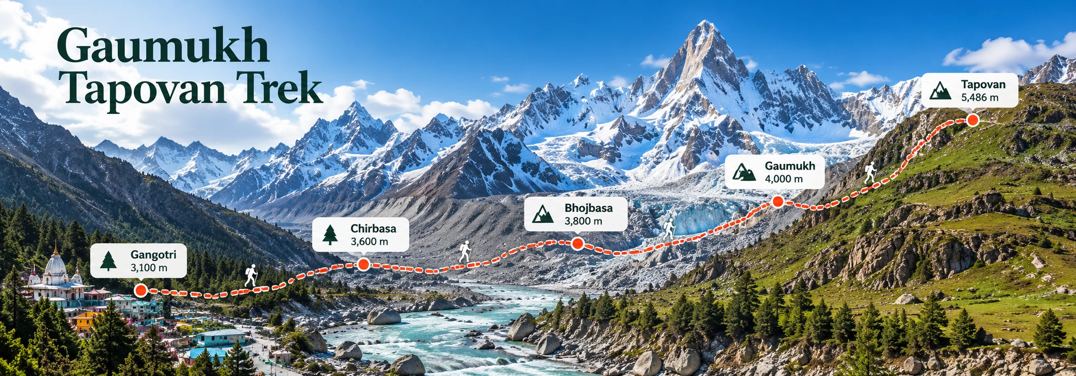 Official illustrated route map of Gaumukh Tapovan Trek showing Gangotri, Chirbasa, Bhojbasa, Gaumukh Glacier, and Tapovan base of Mt. Shivling